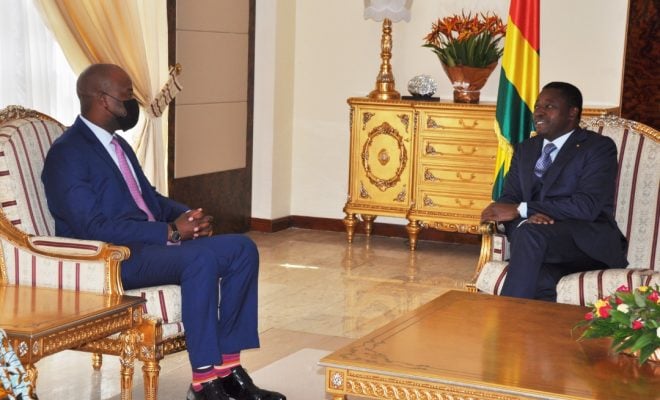 Faure Gnassingbé a reçu 29 avril 2022  à Lomé, le secrétaire général de la Zone de Libre-Echange Continentale Africaine (ZLECAF),  Wamkele Mené.